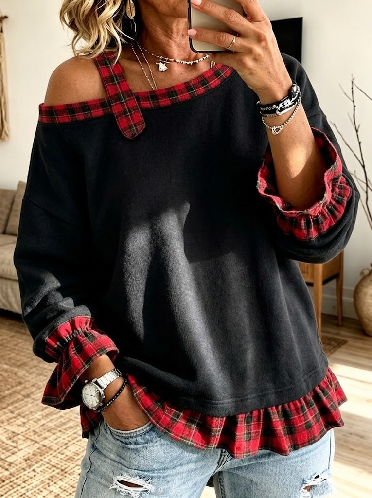 Casual Chic Plaid-paneled Off-shoulder Sweatshirt
