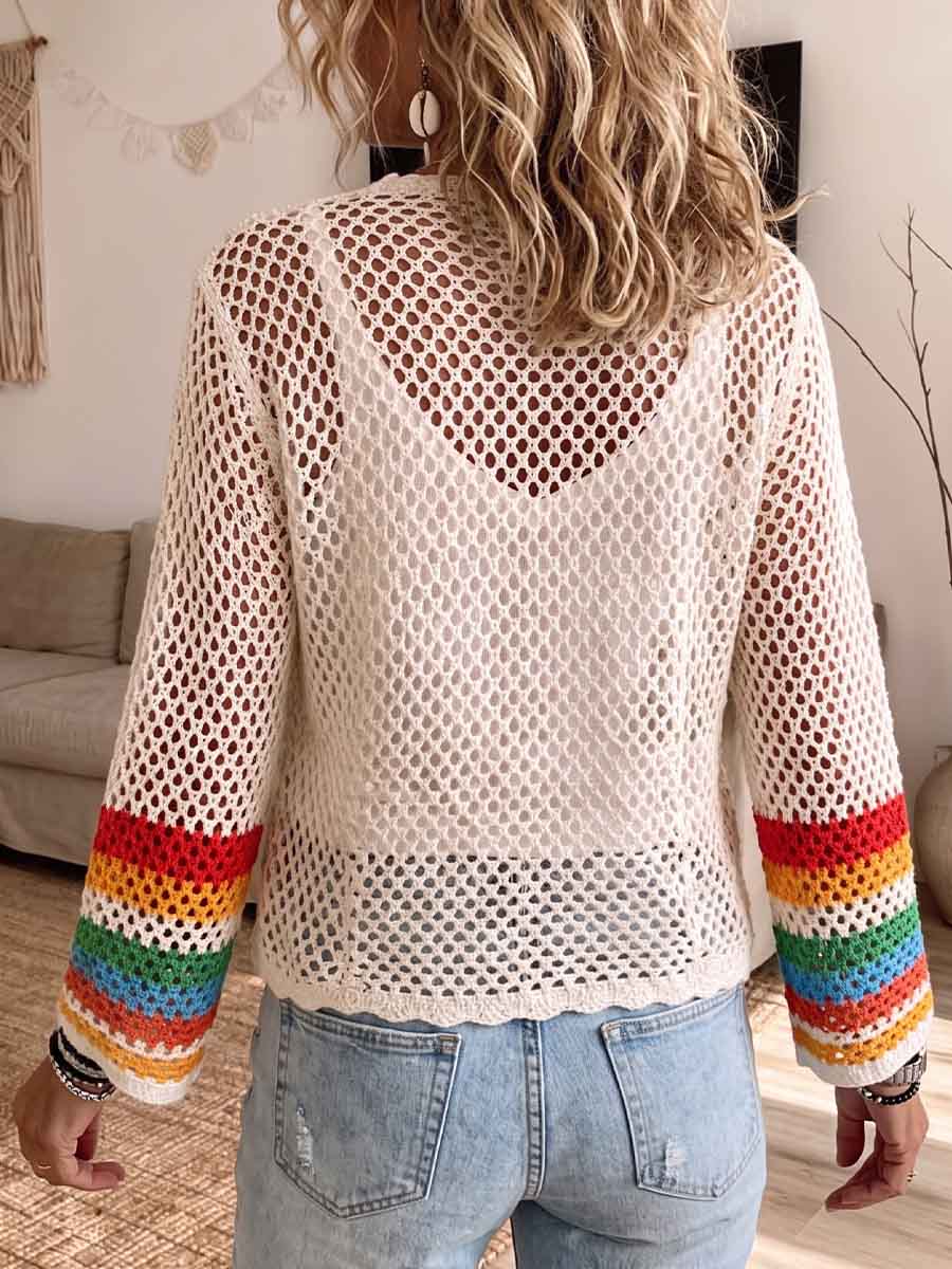 Women's Bohemian Colorful Granny Square Crochet Open Cardigan