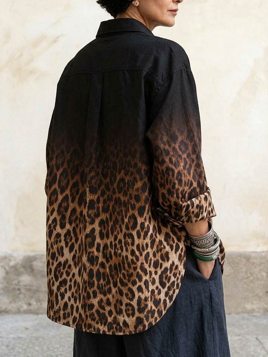 Women's Ombre Leopard Print Oversized Button-Down Shirt.