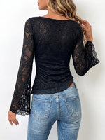 Fitted Top With Lace And Mesh Paneling, Boat Neckline, And Flared Sleeves