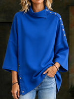 Vibrant Blue Button-trim High Neck Casual Top