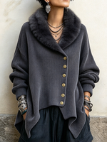 Casual Faux Fur Collar Asymmetrical Knit Sweater