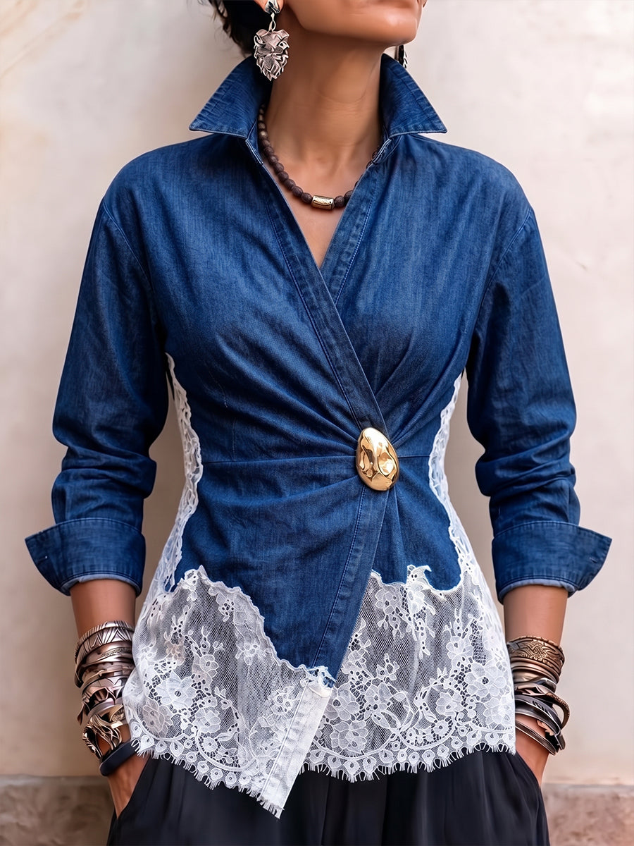 Chic Tencel Denim & Lace Wrap-Front Shirt