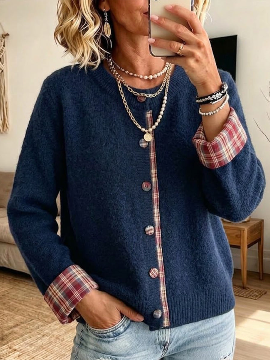 Crew-neck Plaid Knit Cardigan With Contrasting Placket