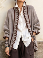 Chic Ruffled Casual Grey Knit Cardigan Sweater