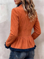 Women's Vintage Suede-Like Peplum Jacket with Ruffle Trim.
