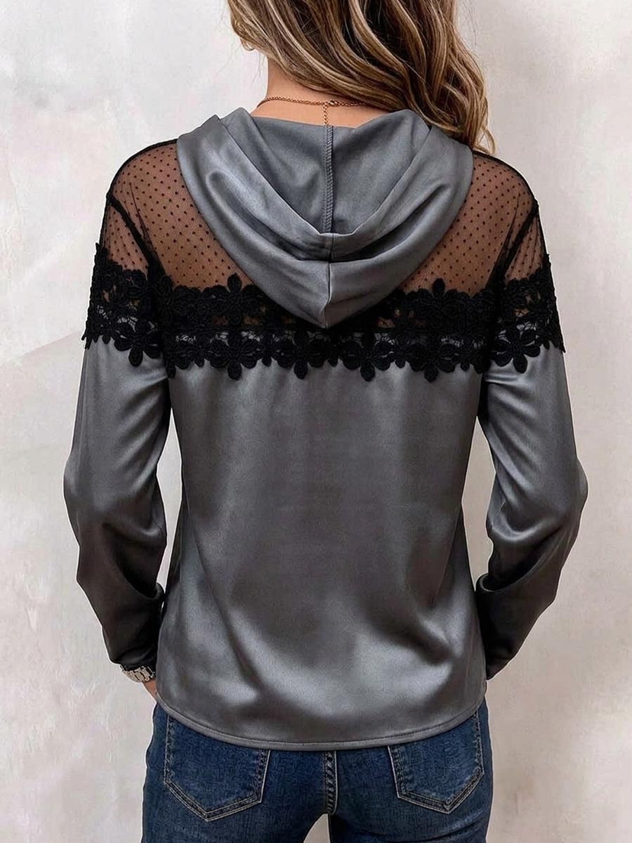 Women's Satin And Sheer Mesh Lace-trimmed Hoodie Blouse