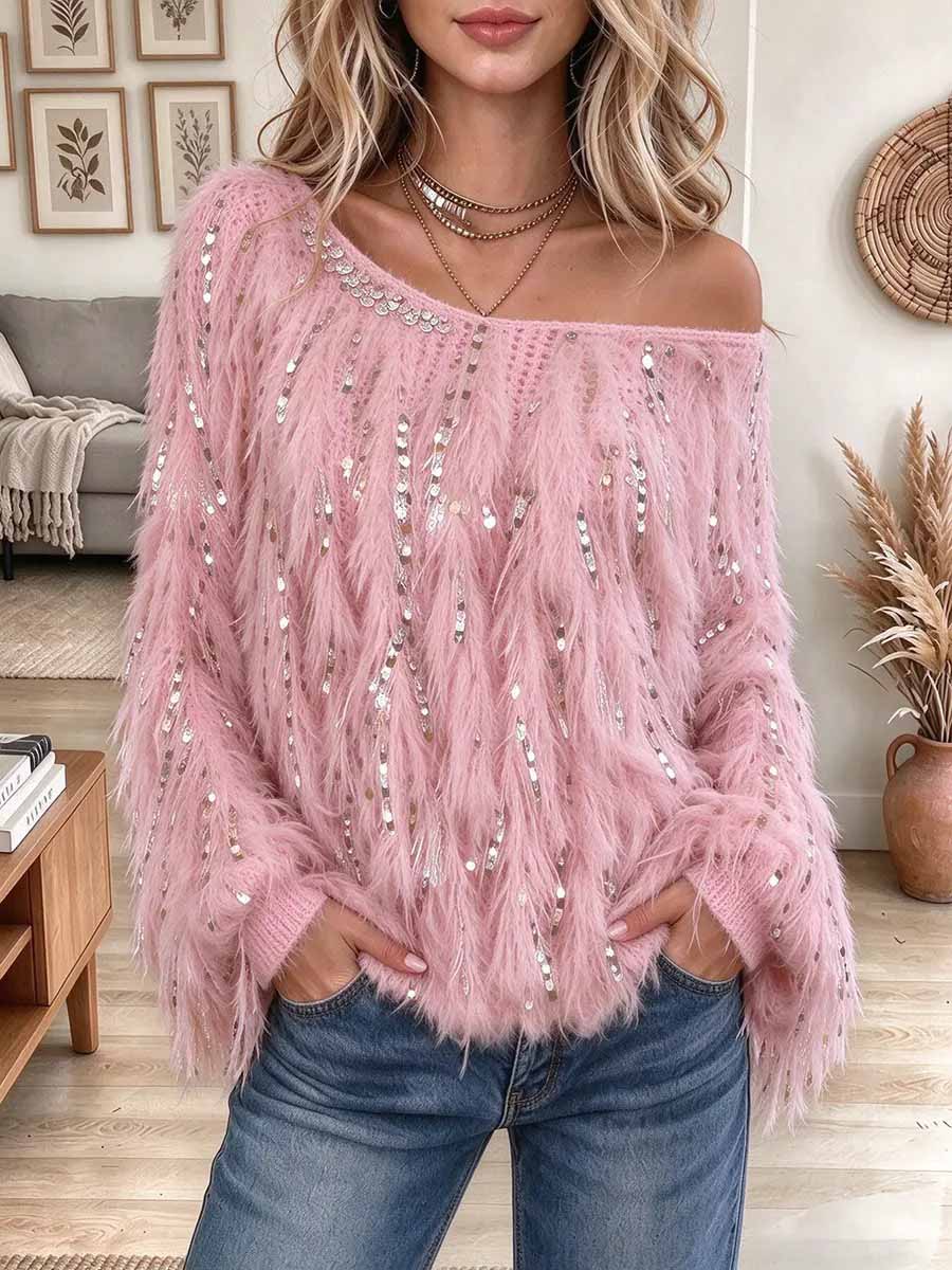 Women's One-Shoulder Fluffy Sequin Embellished Sweater