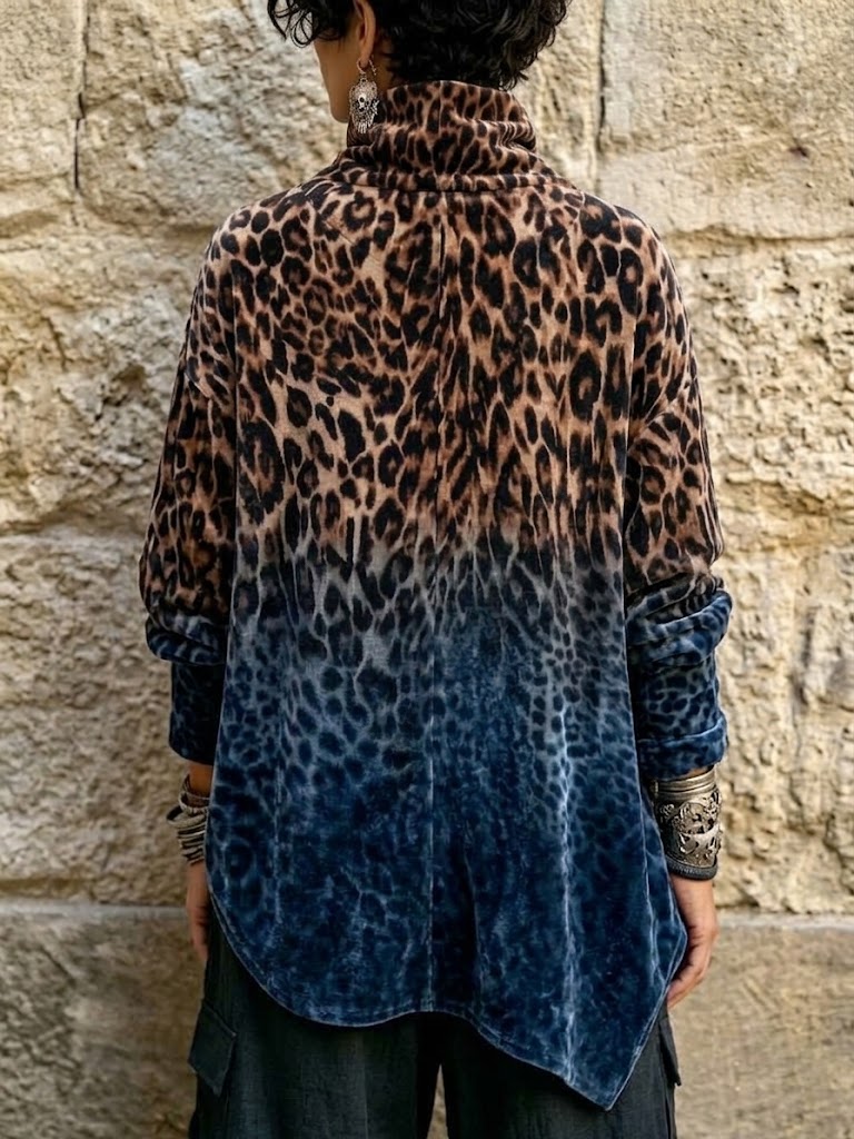 Velvet High-neck Top Featuring An Ombre Leopard Print And An Asymmetrical Button-front Design