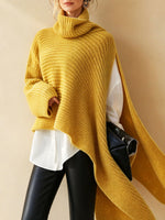Oversized Turtleneck Asymmetric Hem Knit Poncho Sweater
