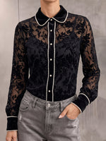 Chic Pearl-Trimmed Sheer Floral Velvet Button-Down Shirt