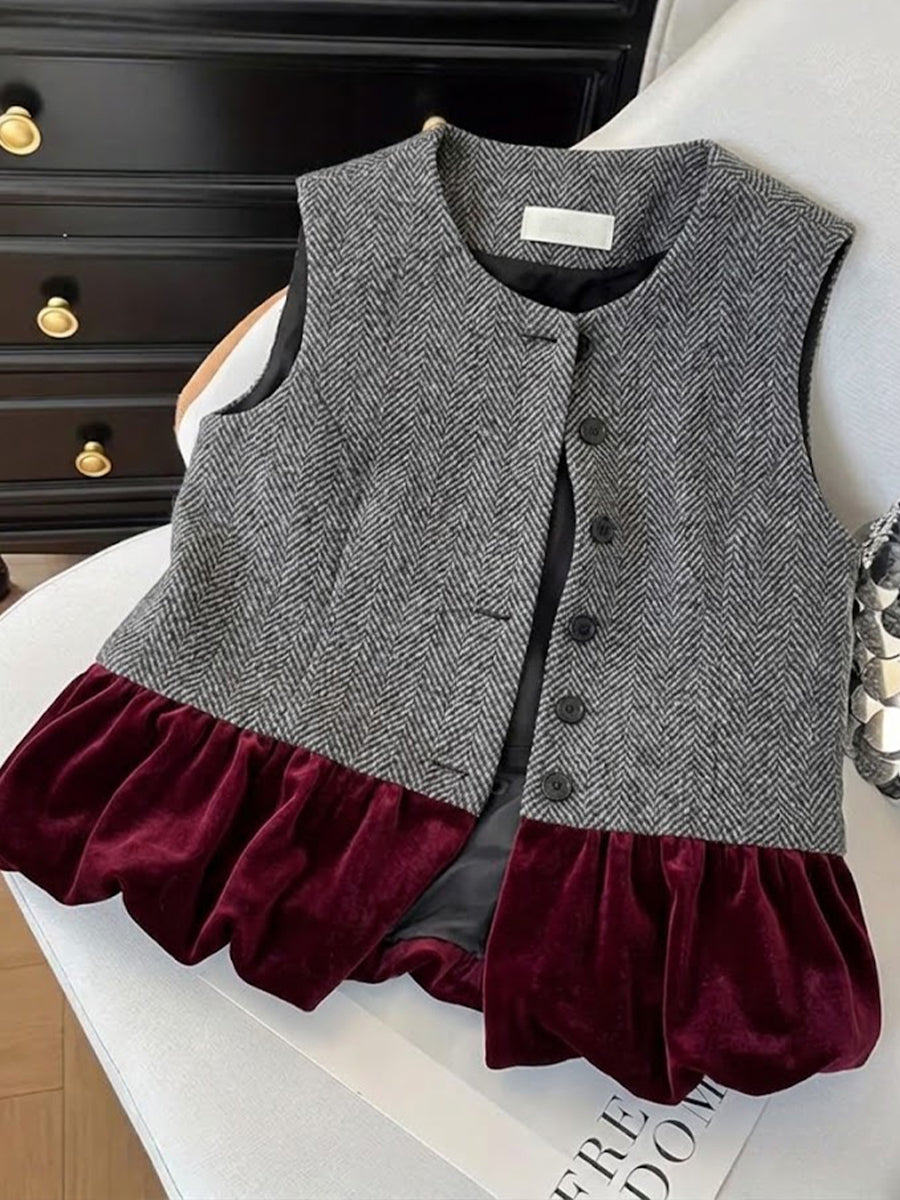 Vintage-style Patchwork Vest In Velvet And Herringbone Wool Blend With Ruffle Detailing