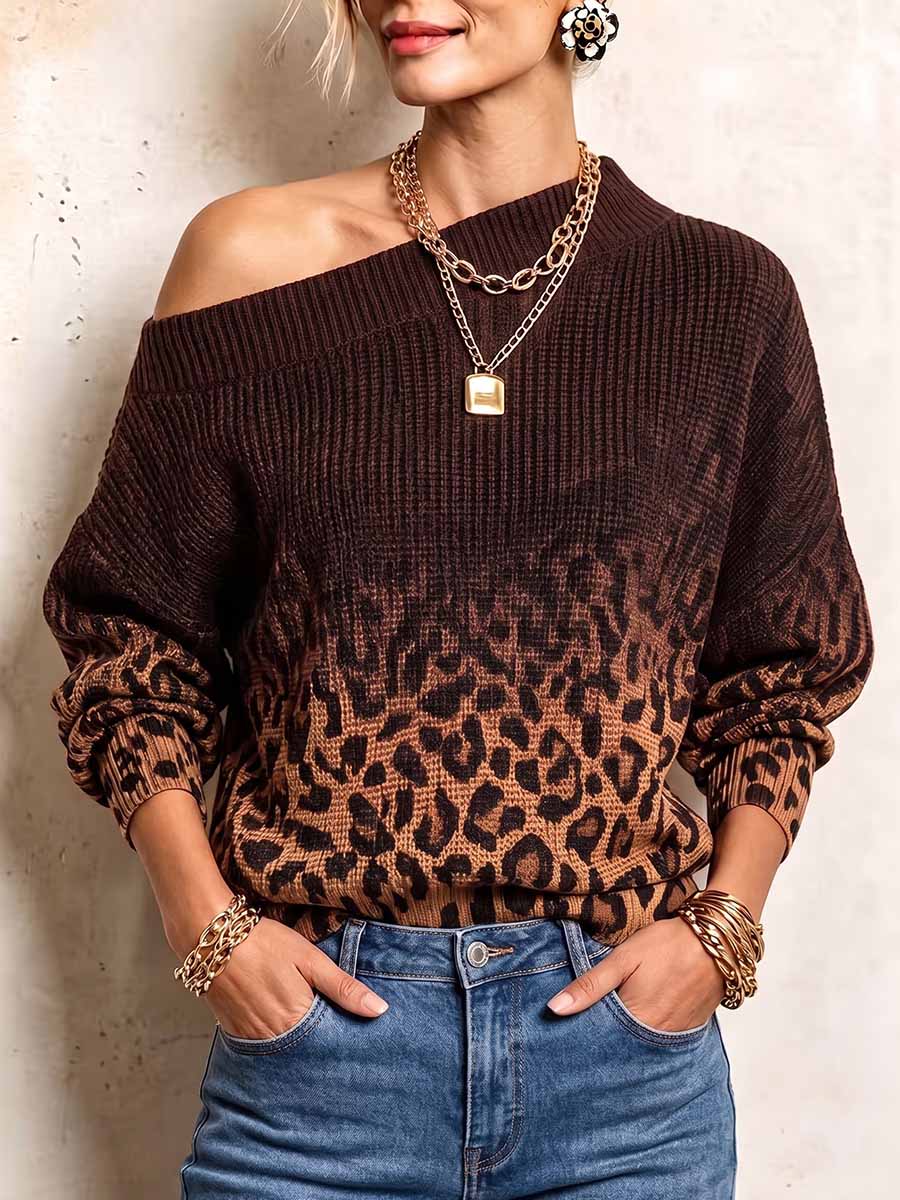 Women's Casual Loose-fit Knit Top With Gradient Leopard Print, One-shoulder Neckline, And Long Sleeves