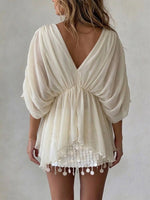 V-neck Twist-front Draped Chiffon Batwing-sleeve Blouse