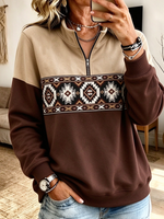 Colorblock Aztec Geometric Print Quarter-zip Sweatshirt