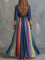 Color-block Vertical Rainbow-stripe Collared Shirt-style Maxi Dress