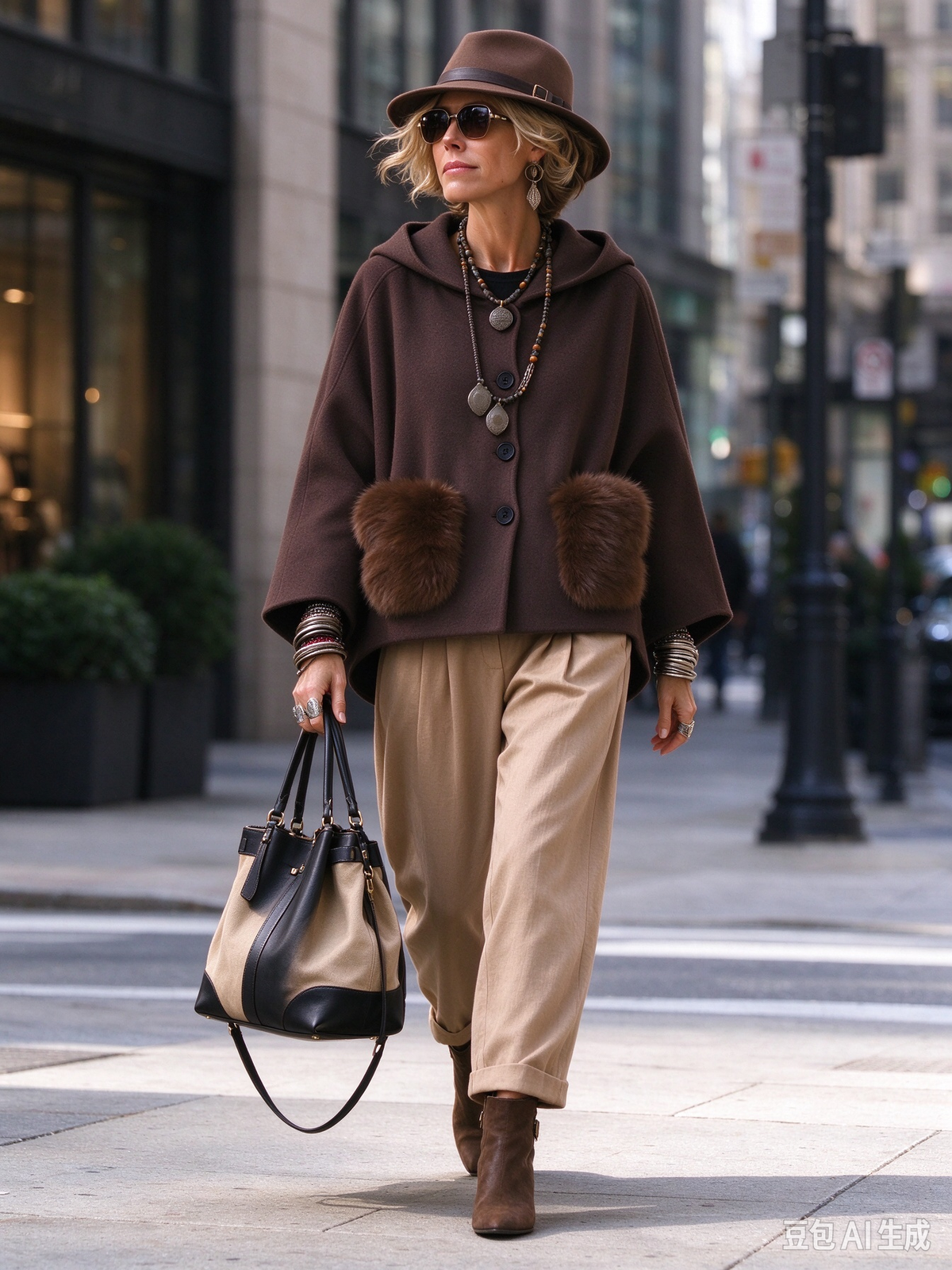 Chic Relaxed Hooded Faux Fur Pocket Wool Blend Coat