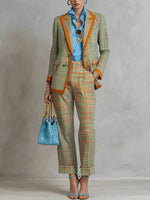Women's Vintage Plaid Two-piece Suit Set With Contrast Trim