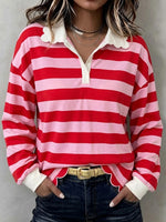 Casual Striped Cotton Sweatshirt With Fan-shaped Collar