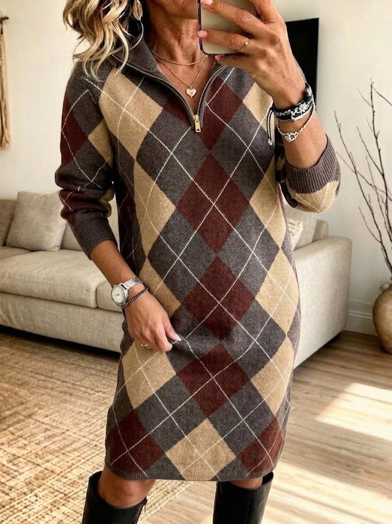 Retro Diamond-patterned Half-zip Knitted Midi Skirt