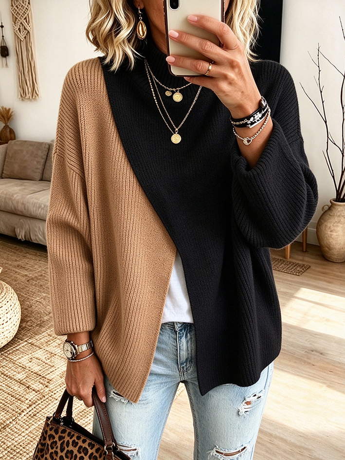 Casual Stylish Colorblock Ribbed Turtleneck Sweater