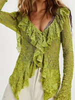 Chic Ruffled Lace Textured V-neck Top