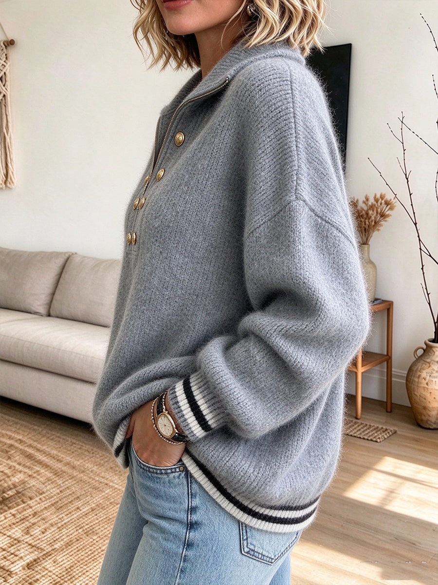 Cozy, Casual, Half-zip Wool-blend Sweater With Striped Cuffs