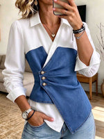 Women's Chic Denim Patchwork Wrap Waist White Button-down Shirt