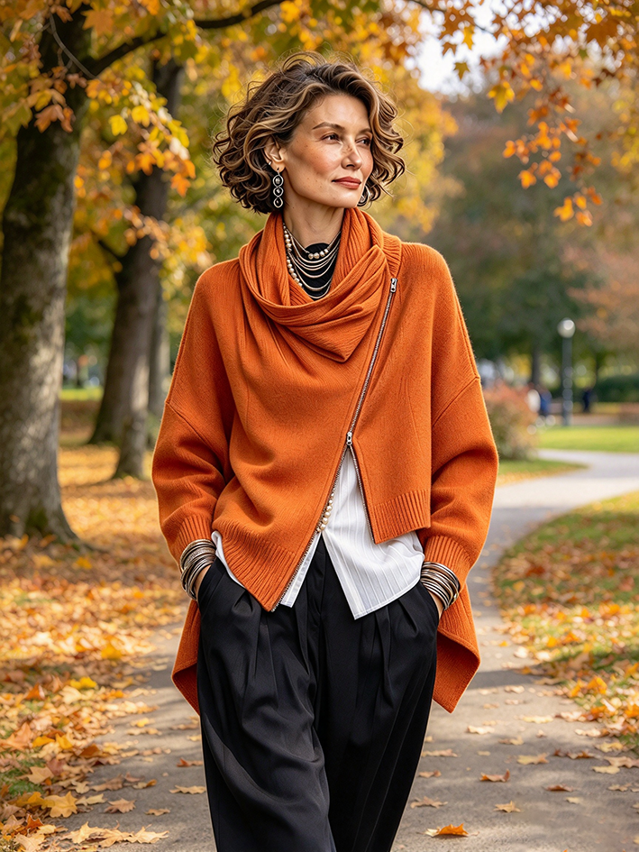 Chic Urban Orange Asymmetrical Zip Sweater Jacket