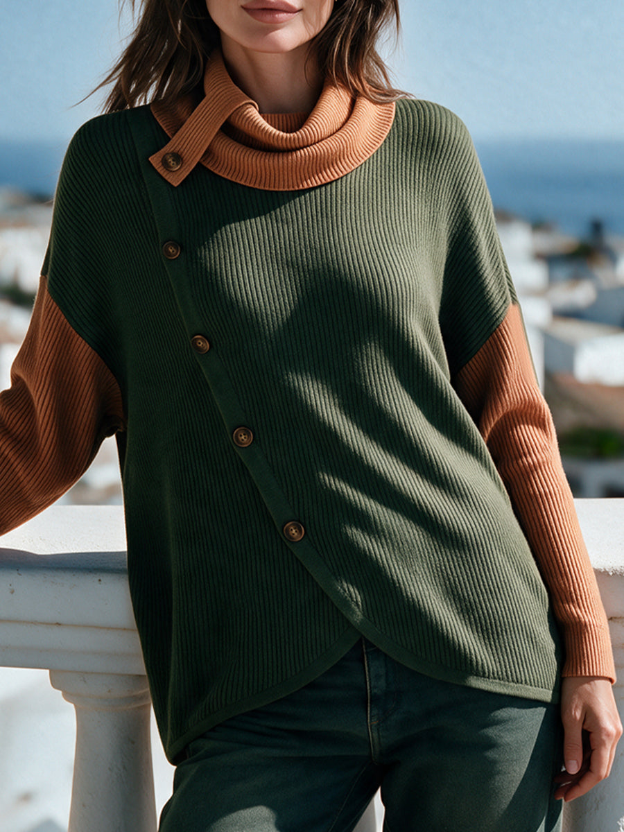 Cozy Color-block Ribbed-knit Turtleneck Sweater