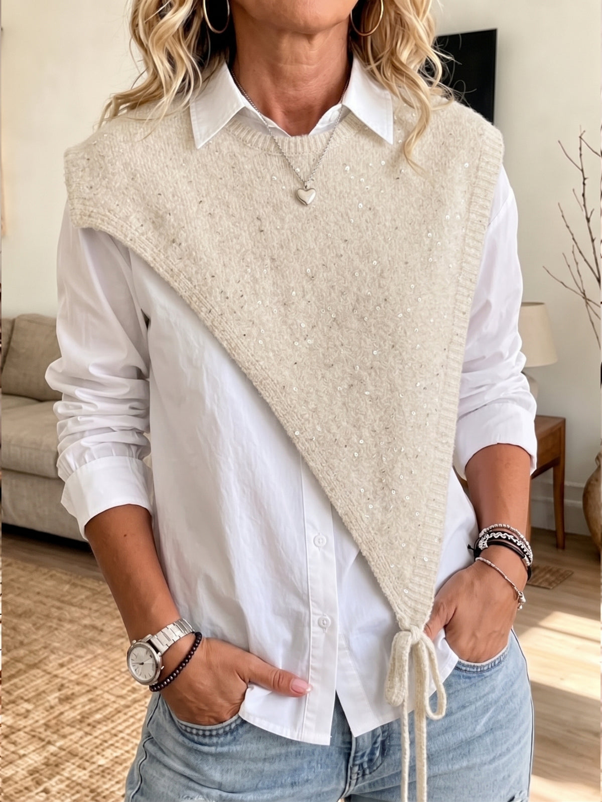 Chic Asymmetric Shimmer Knit Poncho Top