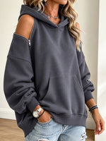 Chic Off-the-shoulder Zip-detail Hooded Sweatshirt