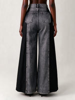 Edgy Two-Tone Denim High-Slit Wide-Leg Pants