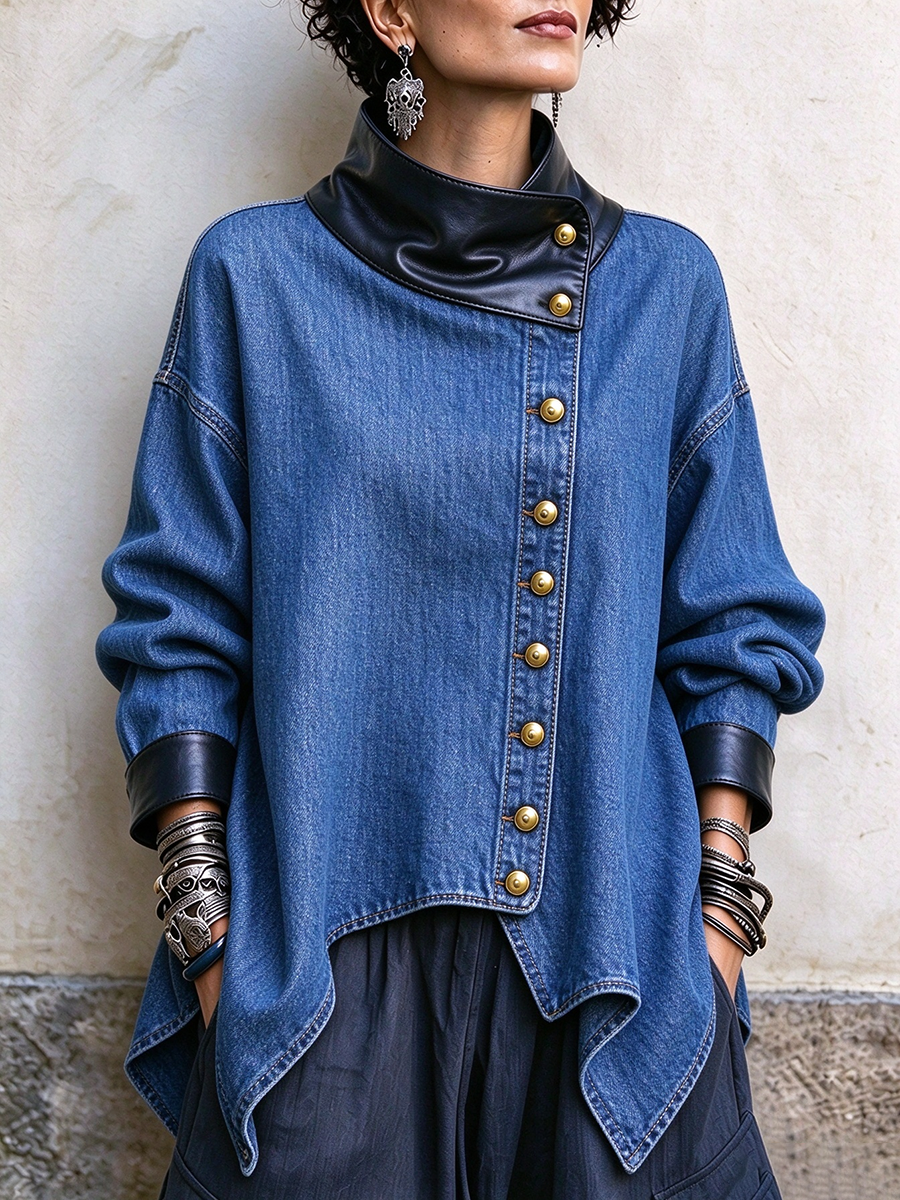 Edgy Chic Denim Asymmetrical Button Jacket