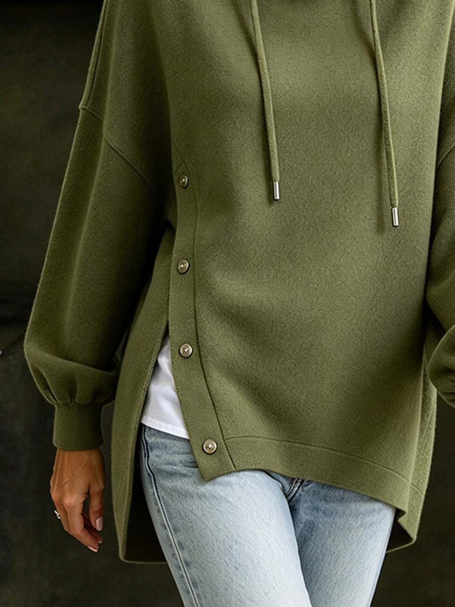 Olive Green Asymmetric Button Hooded Cotton Sweatshirt