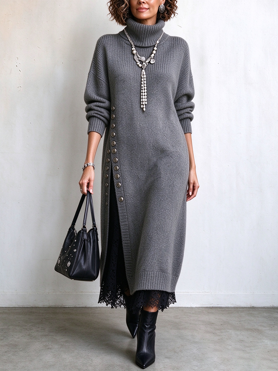 Asymmetric Side-button Turtleneck Cozy Midi Sweater Dress