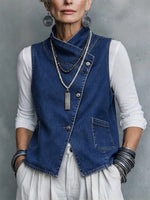 Two-piece Set Featuring A Casual Asymmetrical Denim Vest And A Long-sleeved Cotton Knit Top