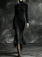 Elegant Ribbed Knit Midi Dress With Lace Paneling And High Neck