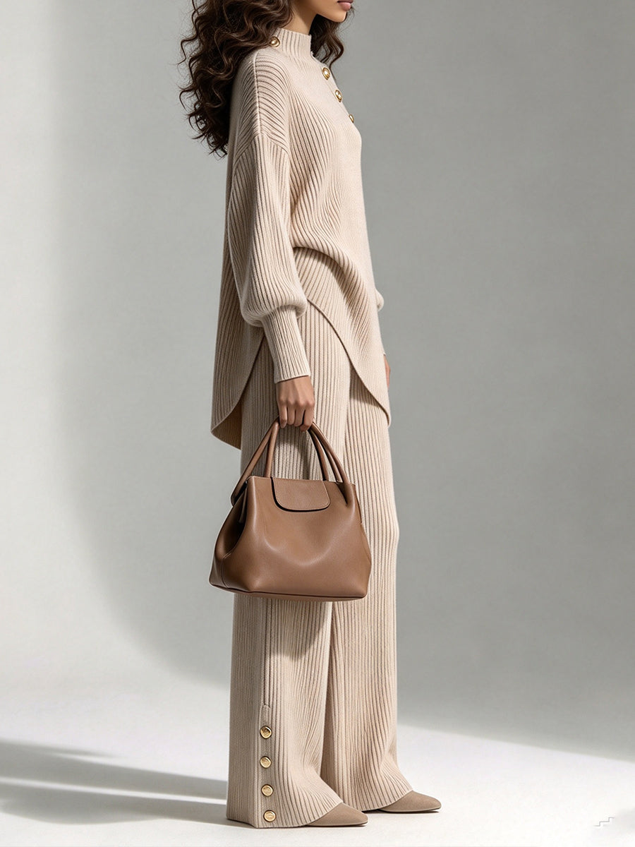 Two-piece Set Featuring A Comfortable Ribbed Knit Top With An Asymmetrical Hem And Matching Pants