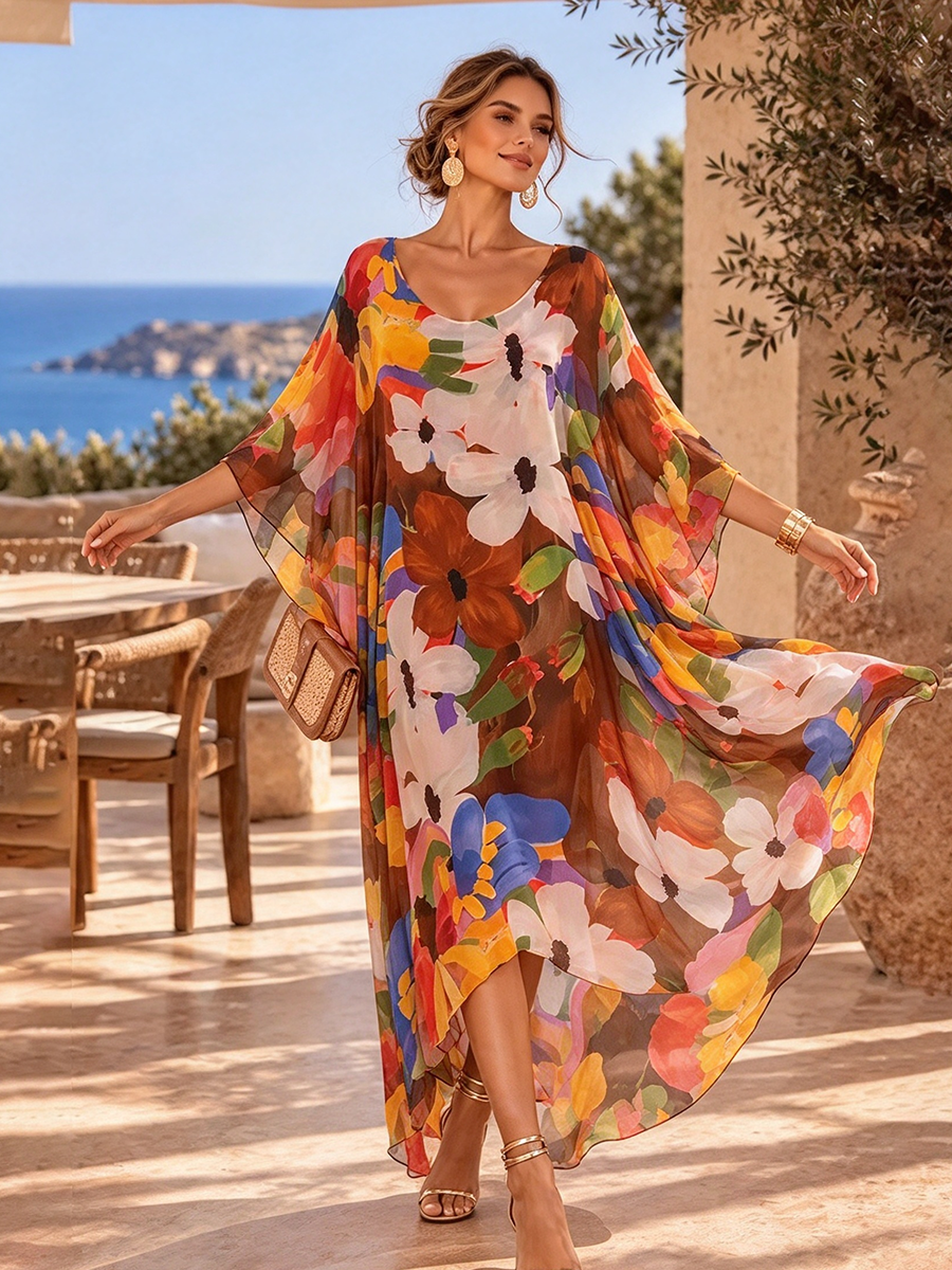 Resort Cozy Chic Floral Long Sleeve Maxi Dress