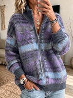 Checkered Plush Mohair-blend Zip-up Cardigan