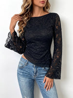 Fitted Top With Lace And Mesh Paneling, Boat Neckline, And Flared Sleeves