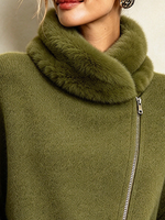 Asymmetrical Zip Faux Fur Collar Casual Knit Olive Green Sweater