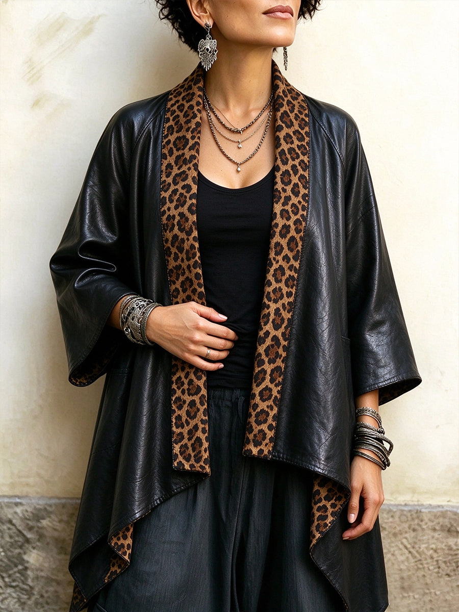 Edgy Leopard-Print Trim Faux-Leather Cardigan