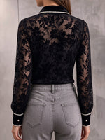 Chic Pearl-Trimmed Sheer Floral Velvet Button-Down Shirt