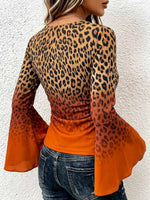 Women's Gradient Leopard Print Cowl Neck Long-sleeve Casual Loose Top With Ruched Asymmetrical Hem