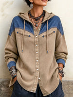 Casual Chic Colorblock Hooded Denim Jacket