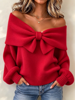 Chic Sweet Elegant Red Bow Sweater Top