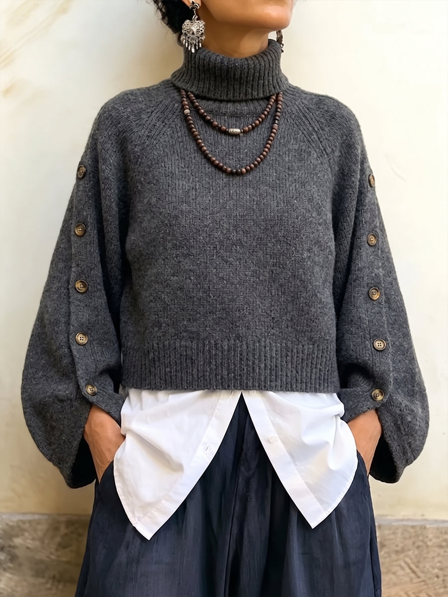 Cozy Button-Sleeve Turtleneck Knit Pullover