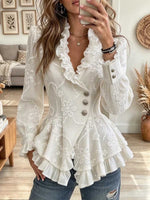 Women's Elegant Floral Embroidered Ruffle Trim Peplum Blouse